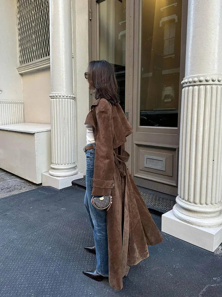 Klassieke Suède Trenchcoat Dames Taillerende Bindceintuur