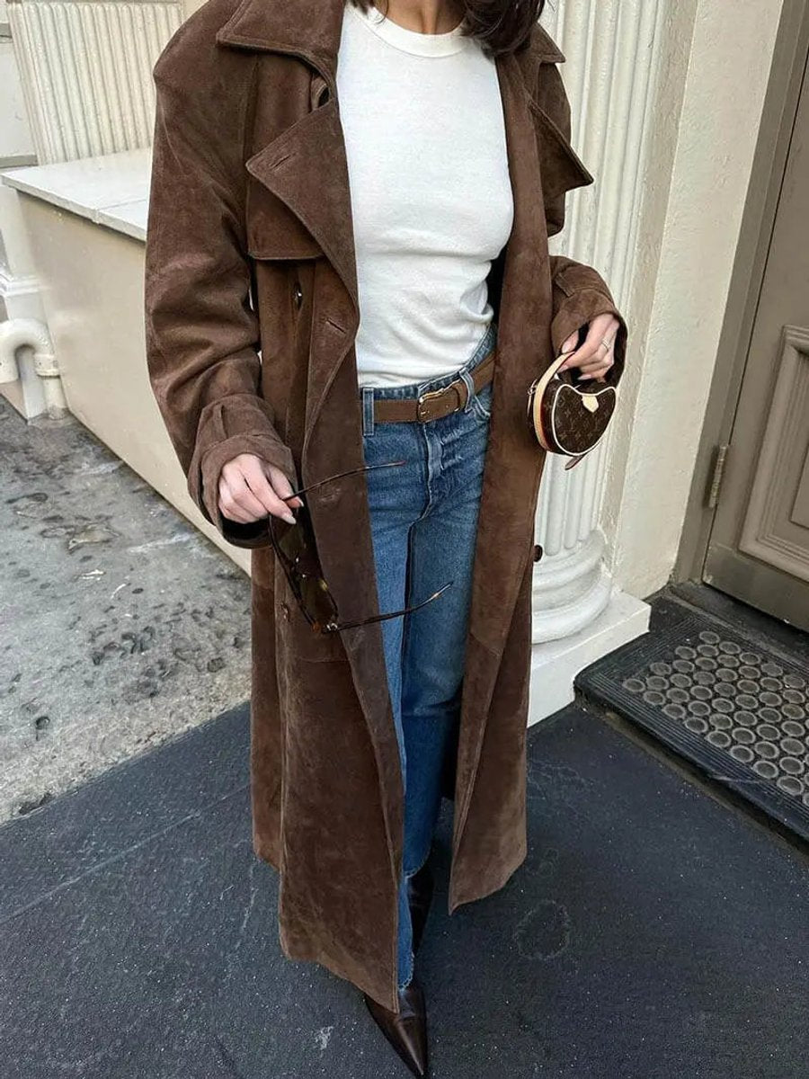 Klassieke Suède Trenchcoat Dames Taillerende Bindceintuur