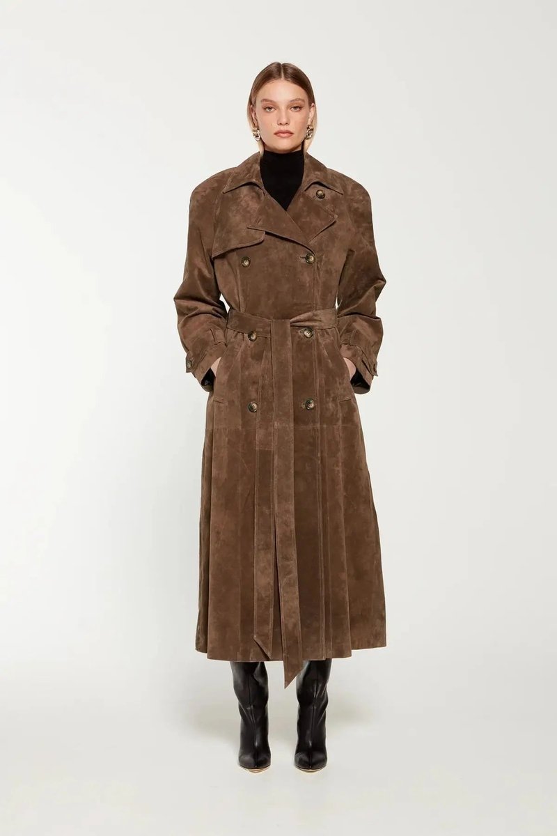 Klassieke Suède Trenchcoat Dames Taillerende Bindceintuur