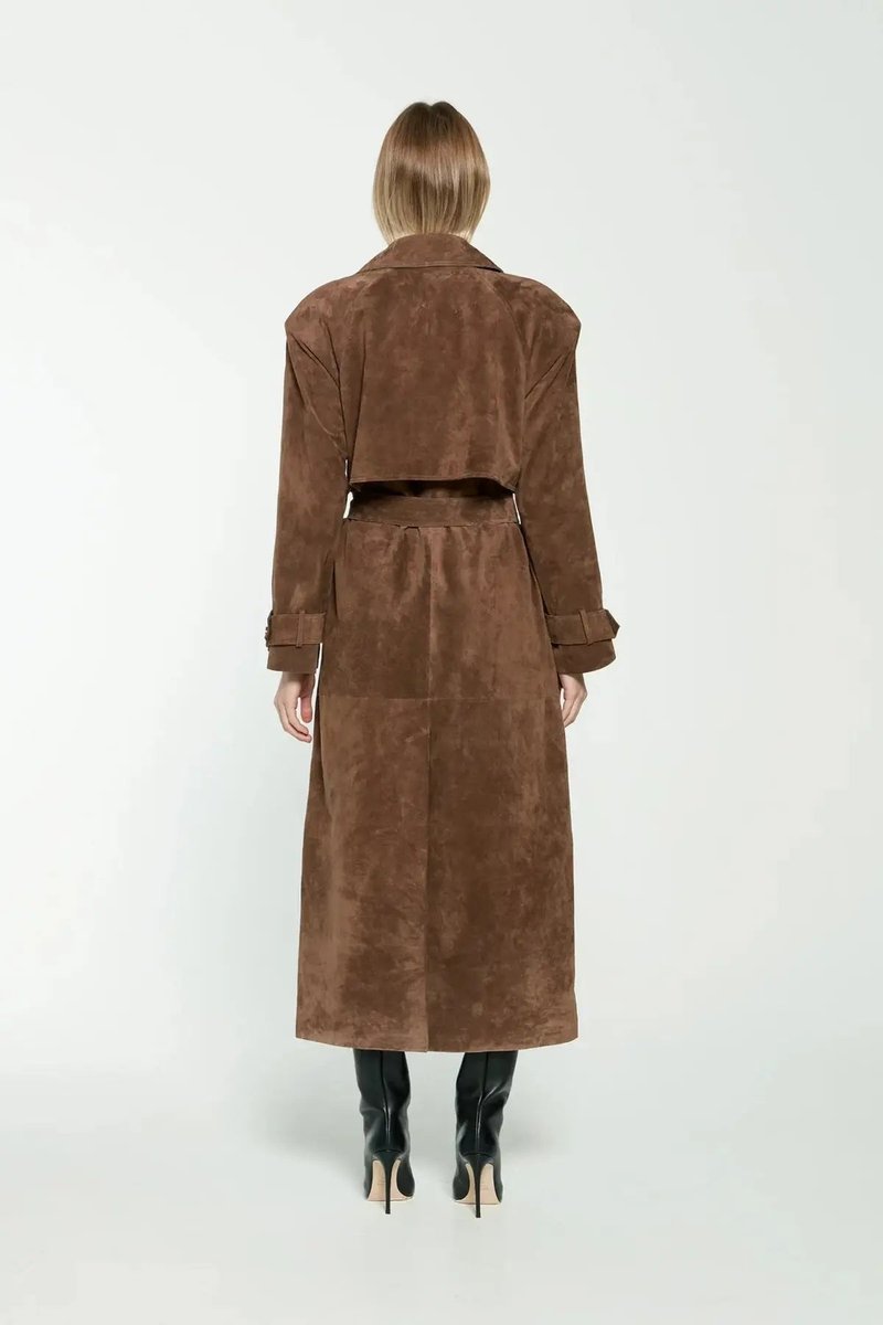 Klassieke Suède Trenchcoat Dames Taillerende Bindceintuur