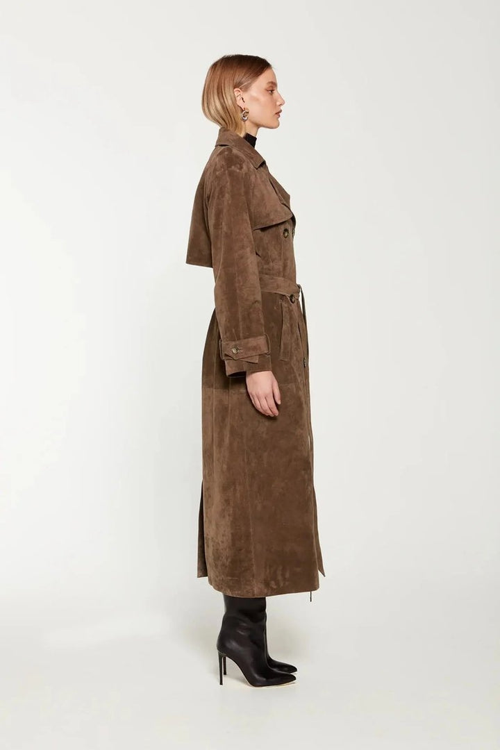 Klassieke Suède Trenchcoat Dames Taillerende Bindceintuur