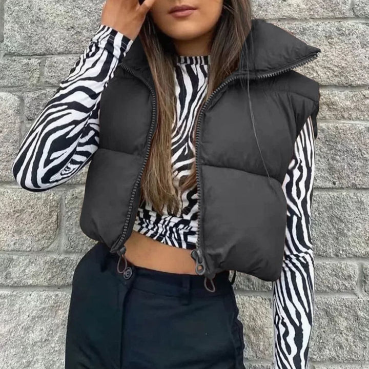 Korte gewatteerde bodywarmer dames mouwloze puffer vest - Zwart