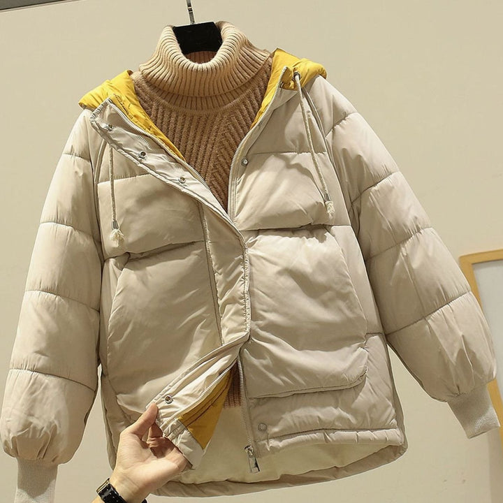 Korte Gewatteerde Winterjas Dames Capuchon Ritssluiting - Beige