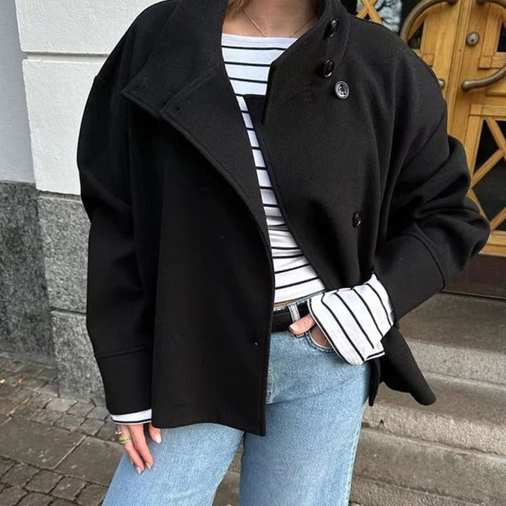 Korte Jas Dames Hoge Kraag Knoopsluiting Elegant Tijdloos - Zwart