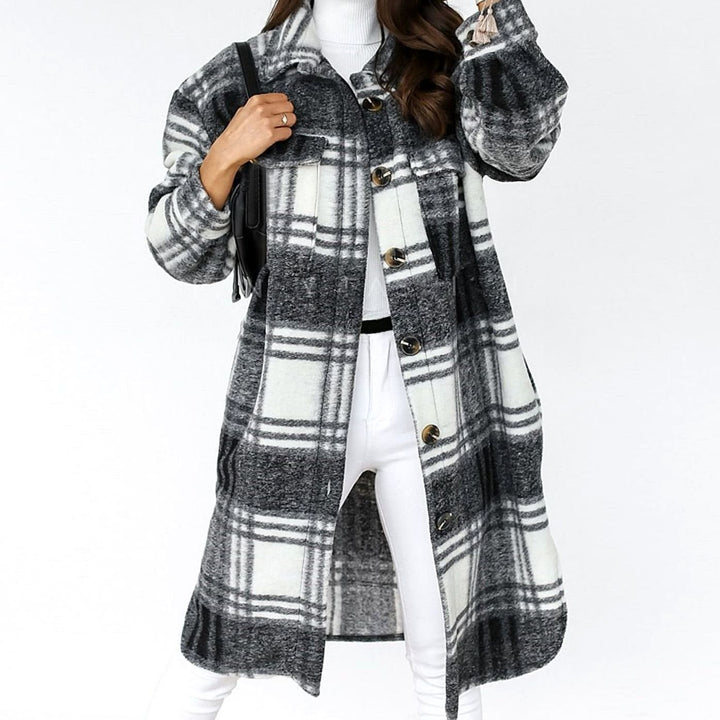 Lange Geruite Trenchcoat Dames Maxi Winterjas Knoopsluiting - Zwart