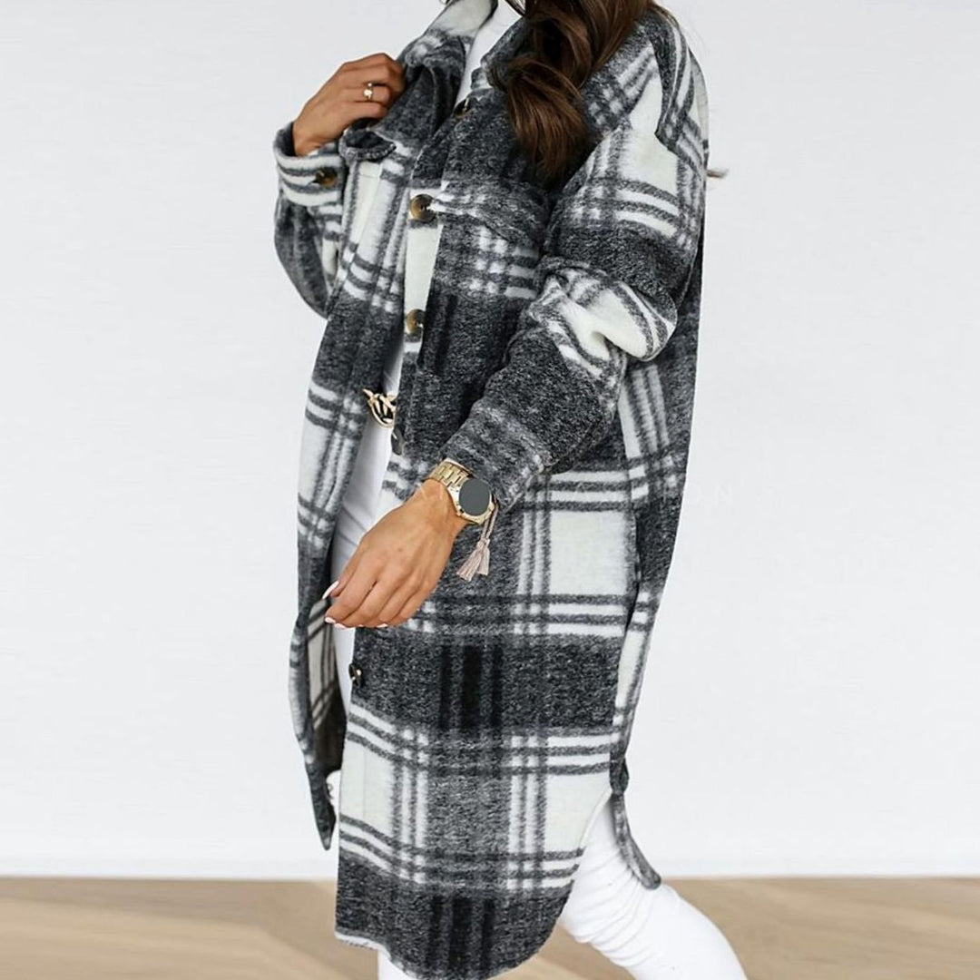 Lange Geruite Trenchcoat Dames Maxi Winterjas Knoopsluiting