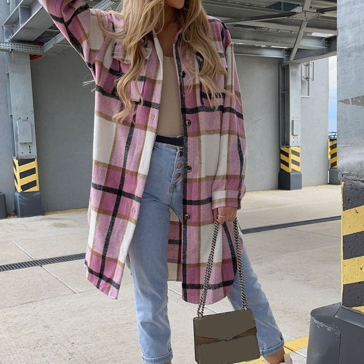 Lange Geruite Trenchcoat Dames Maxi Winterjas Knoopsluiting - Roze