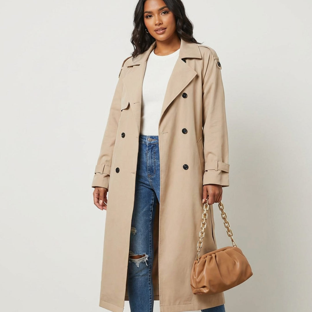 Lange Trenchcoat Dames Dubbele Knoopsluiting Verstelbare Taillegordel - Beige