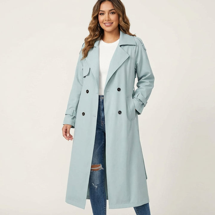 Lange Trenchcoat Dames Dubbele Knoopsluiting Verstelbare Taillegordel - Blauw