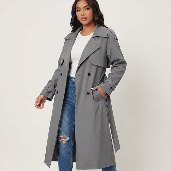 Lange Trenchcoat Dames Dubbele Knoopsluiting Verstelbare Taillegordel - Grijs