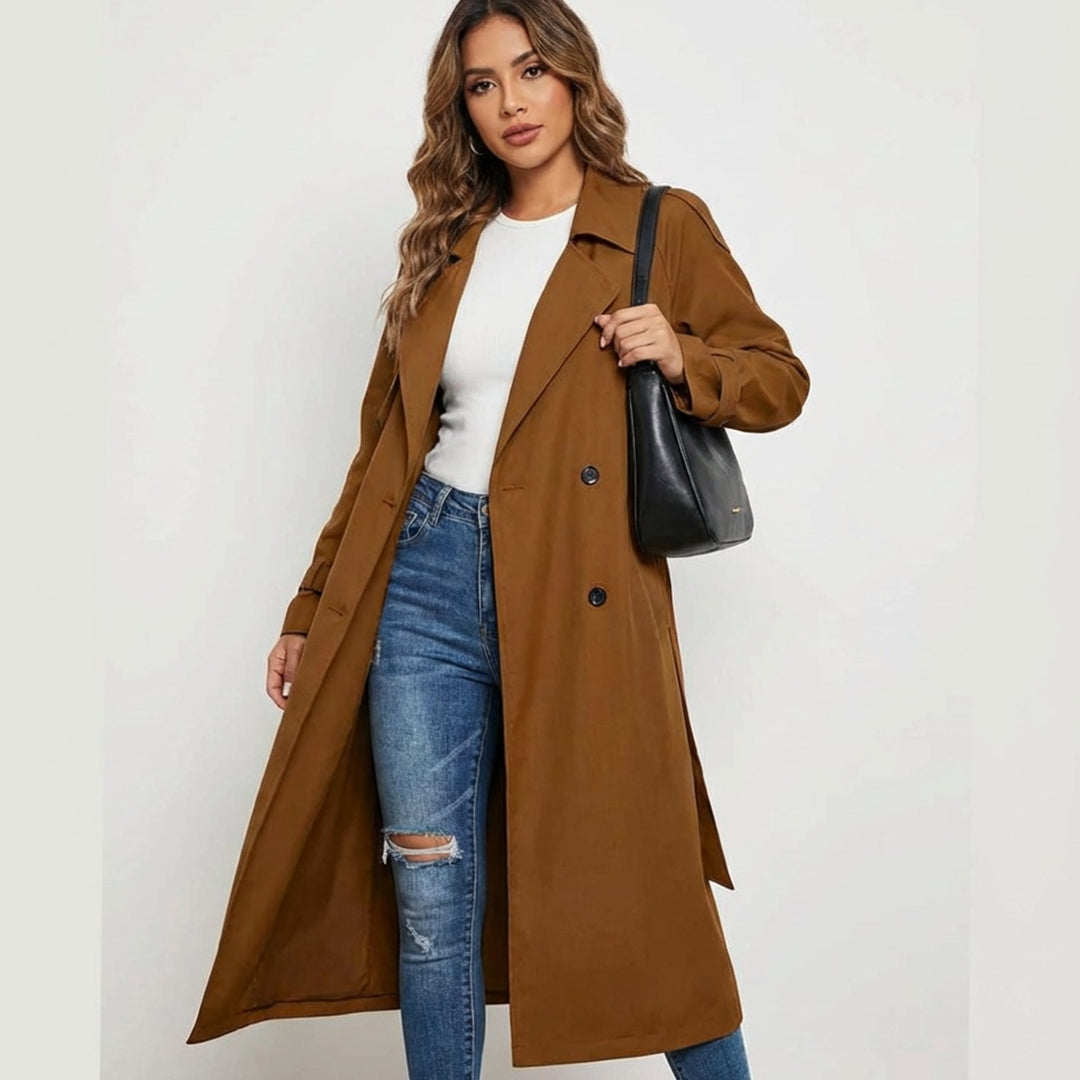 Lange Trenchcoat Dames Dubbele Knoopsluiting Verstelbare Taillegordel - Bruin