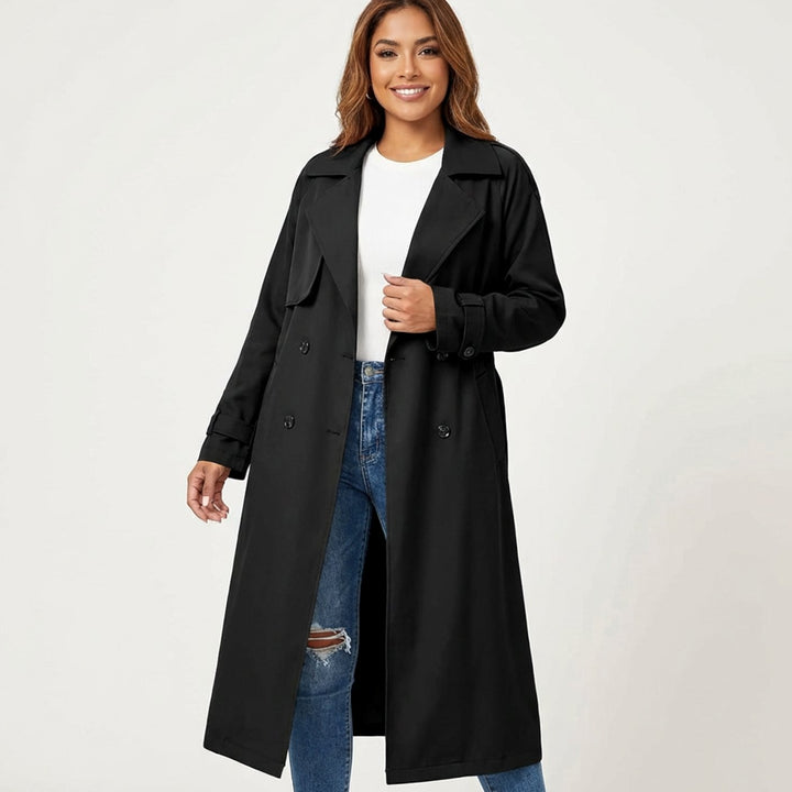 Lange Trenchcoat Dames Dubbele Knoopsluiting Verstelbare Taillegordel - Zwart