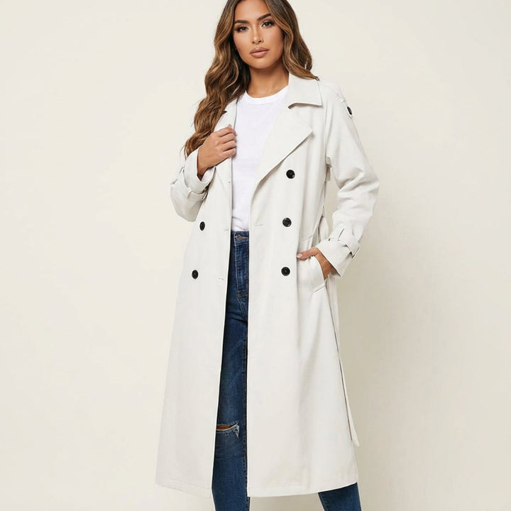 Lange Trenchcoat Dames Dubbele Knoopsluiting Verstelbare Taillegordel - Wit