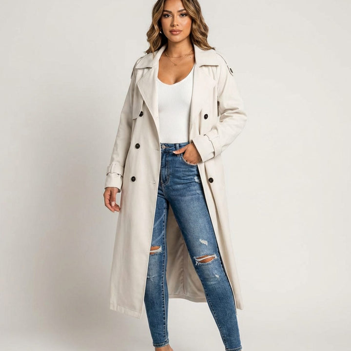 Lange Trenchcoat Dames Dubbele Knoopsluiting Verstelbare Taillegordel