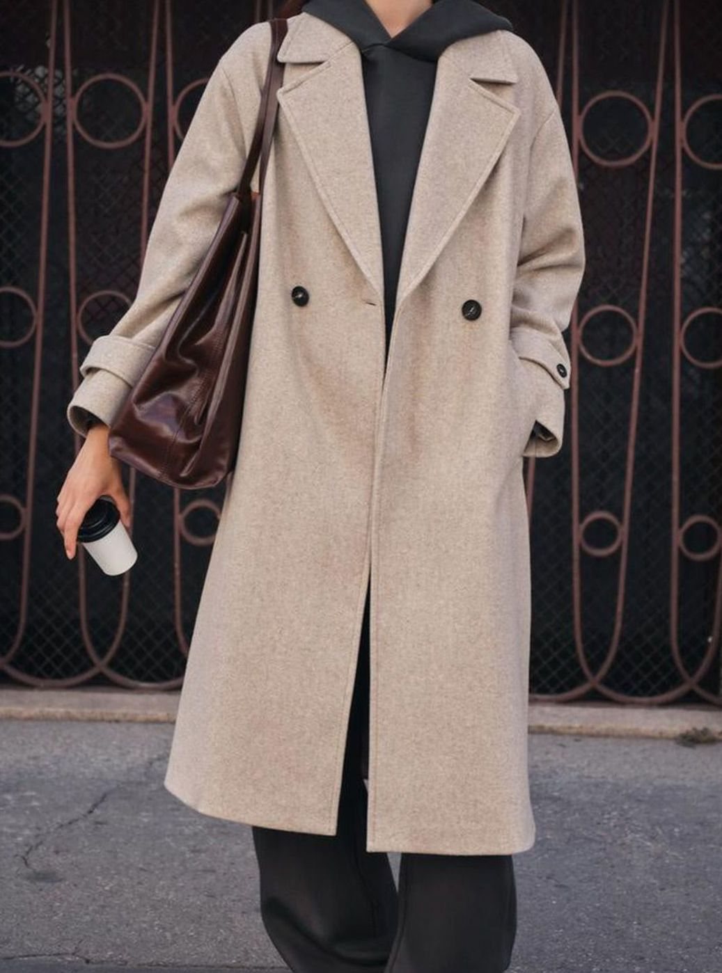 Lange Trenchcoat Dames Dubbele Knoopsluiting Wijde Pasvorm - Beige