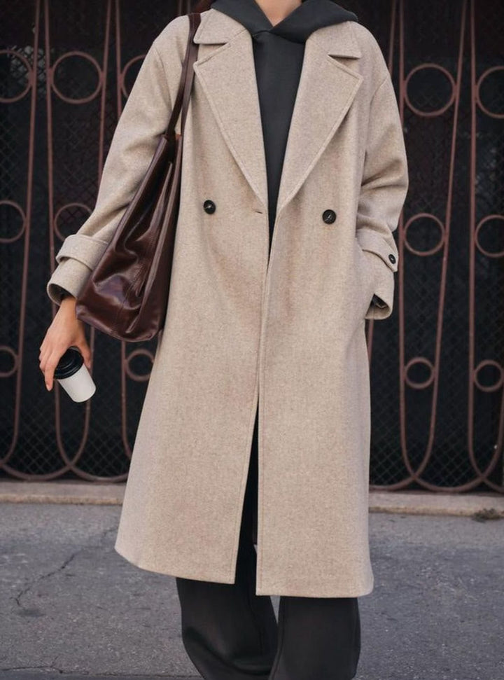 Lange Trenchcoat Dames Dubbele Knoopsluiting Wijde Pasvorm - Beige