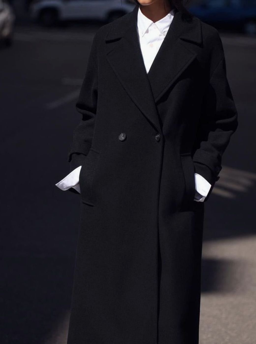 Lange Trenchcoat Dames Dubbele Knoopsluiting Wijde Pasvorm - Zwart
