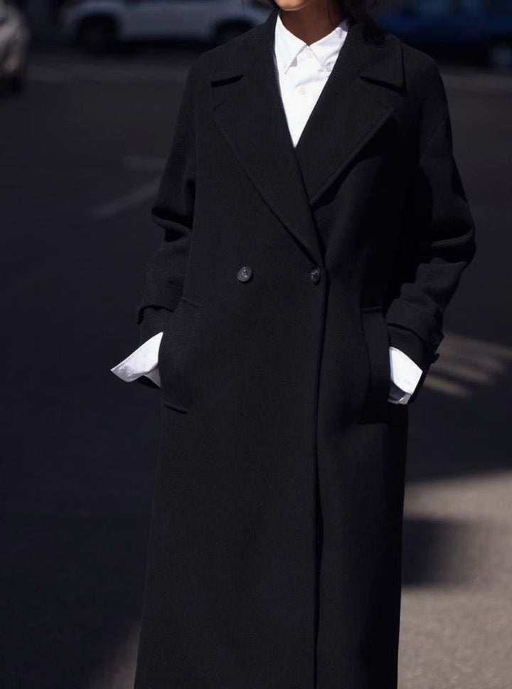 Lange Trenchcoat Dames Dubbele Knoopsluiting Wijde Pasvorm - Zwart