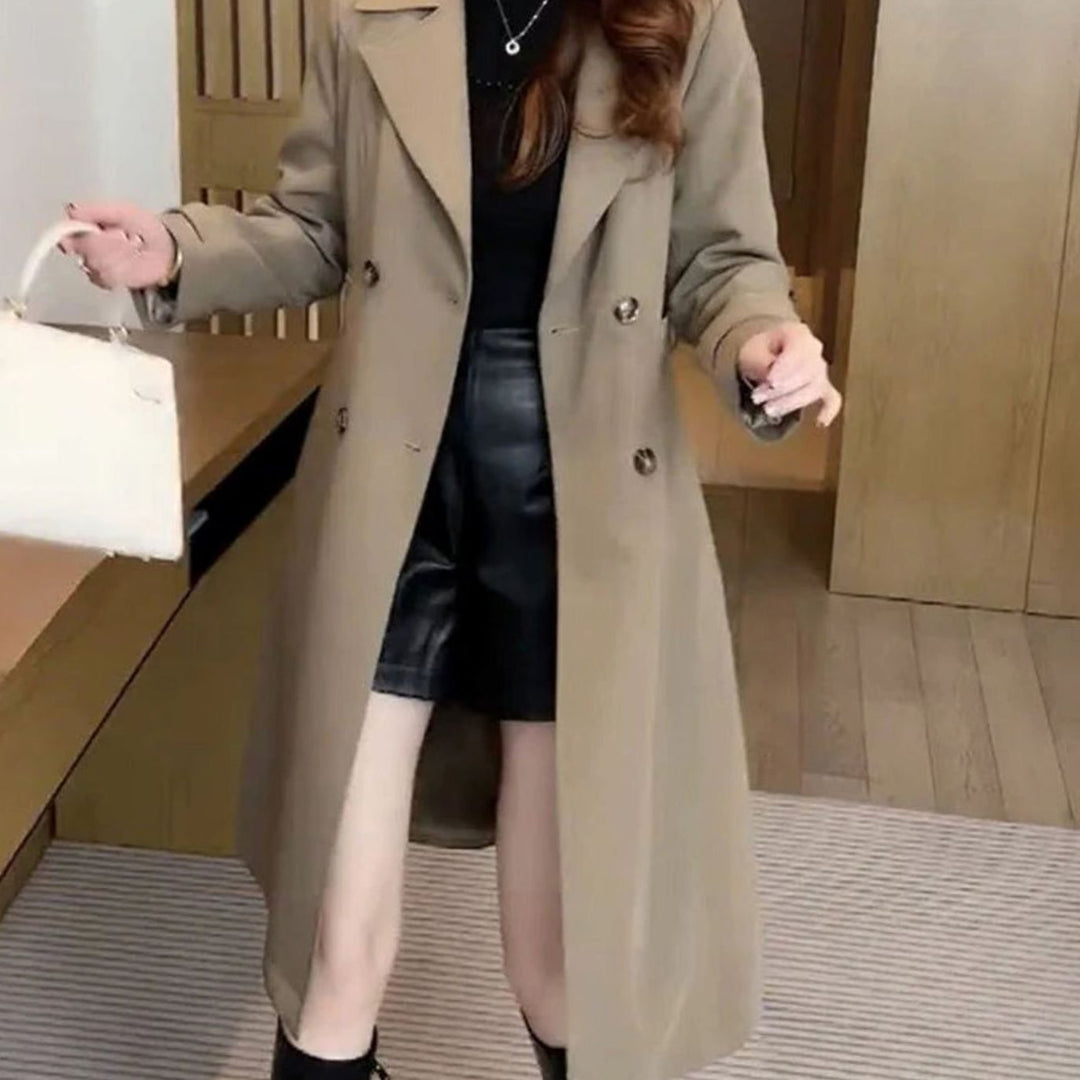 Lange trenchcoat dames getailleerd dubbele knopenrij reverskraag - Kaki