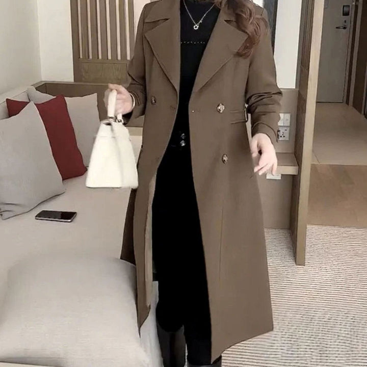 Lange trenchcoat dames getailleerd dubbele knopenrij reverskraag - Bruin