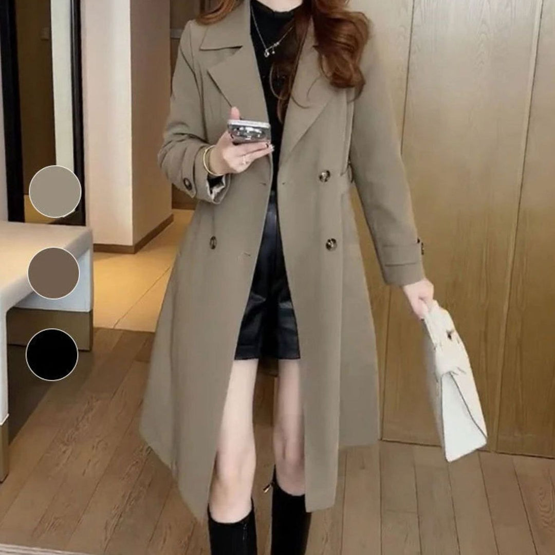 Lange trenchcoat dames getailleerd dubbele knopenrij reverskraag