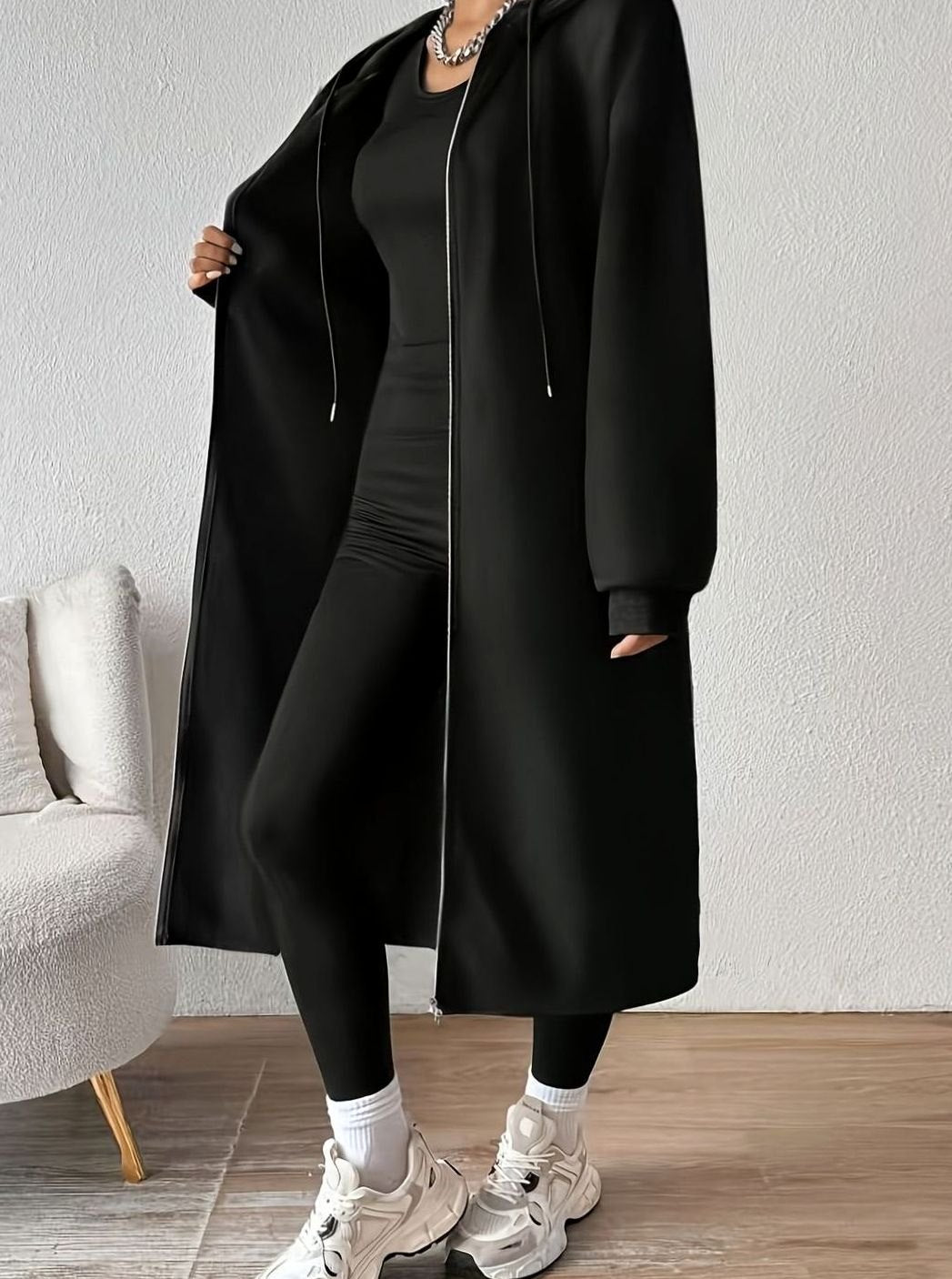 Lange Trenchcoat Dames Oversized Capuchon Rits Winterjas - Zwart