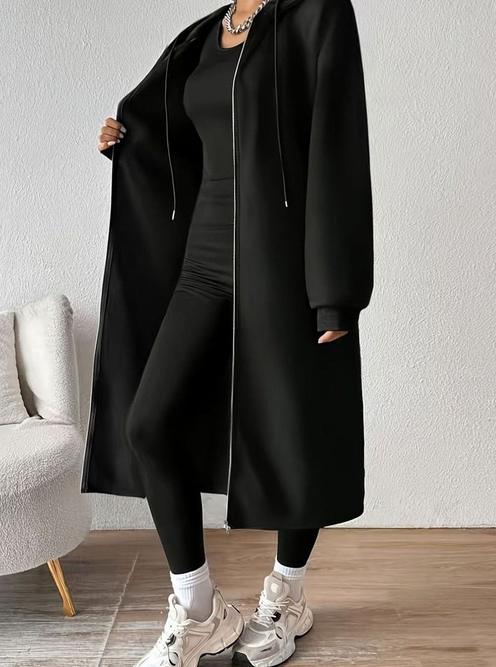 Lange Trenchcoat Dames Oversized Capuchon Rits Winterjas - Zwart