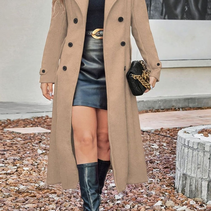 Lange Wollen Jas Dames Getailleerde Trenchcoat Dubbele Knoopsluiting - Kaki