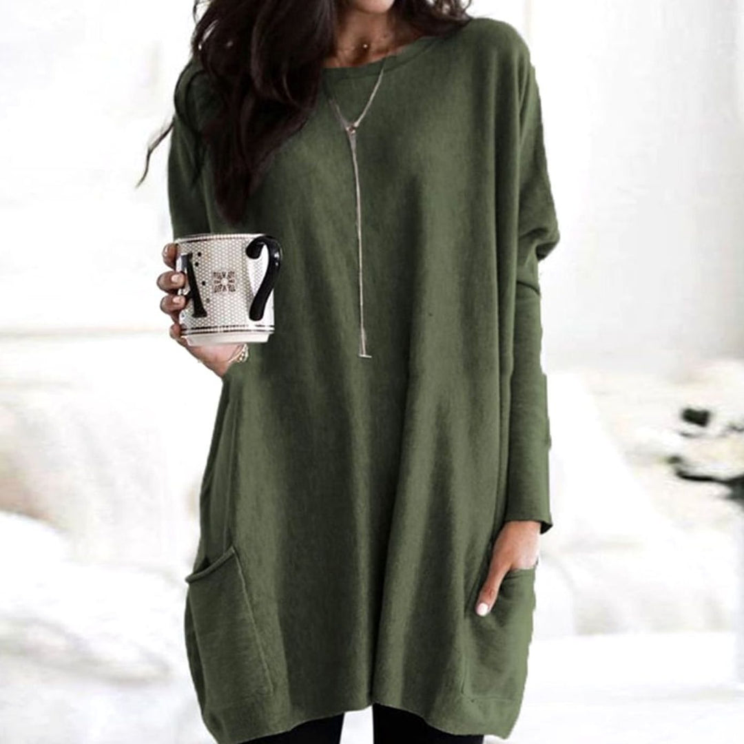 Langer Damenpullover Oversized Rundhals Tunika mit Taschen - Dunkelgrün