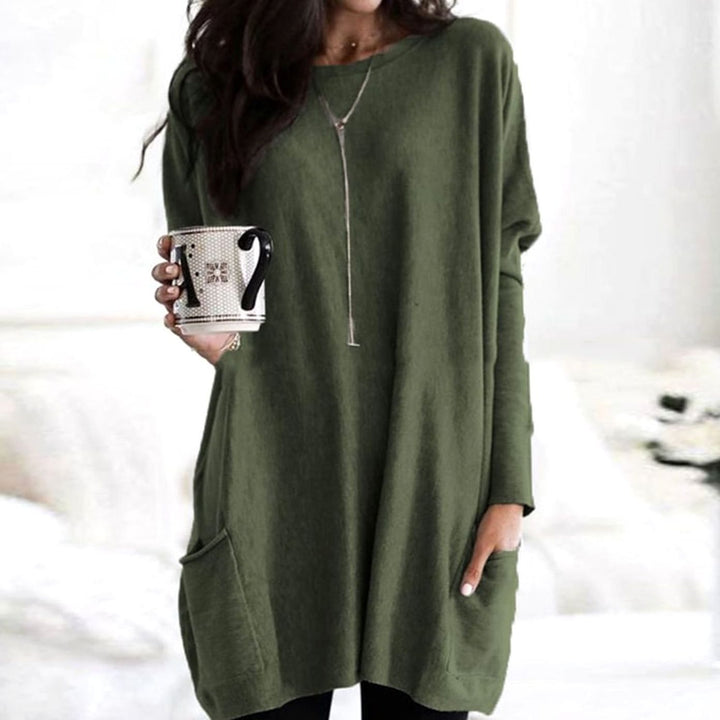 Langer Damenpullover Oversized Rundhals Tunika mit Taschen - Dunkelgrün