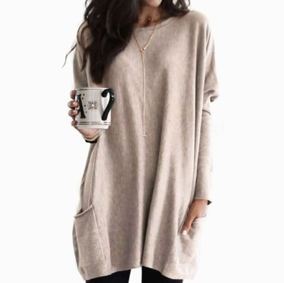 Langer Damenpullover Oversized Rundhals Tunika mit Taschen - Beige