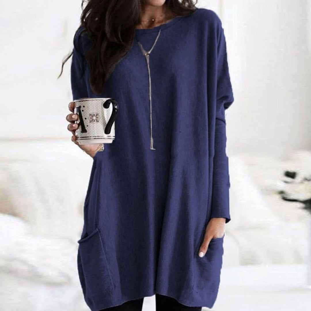 Langer Damenpullover Oversized Rundhals Tunika mit Taschen - Blau