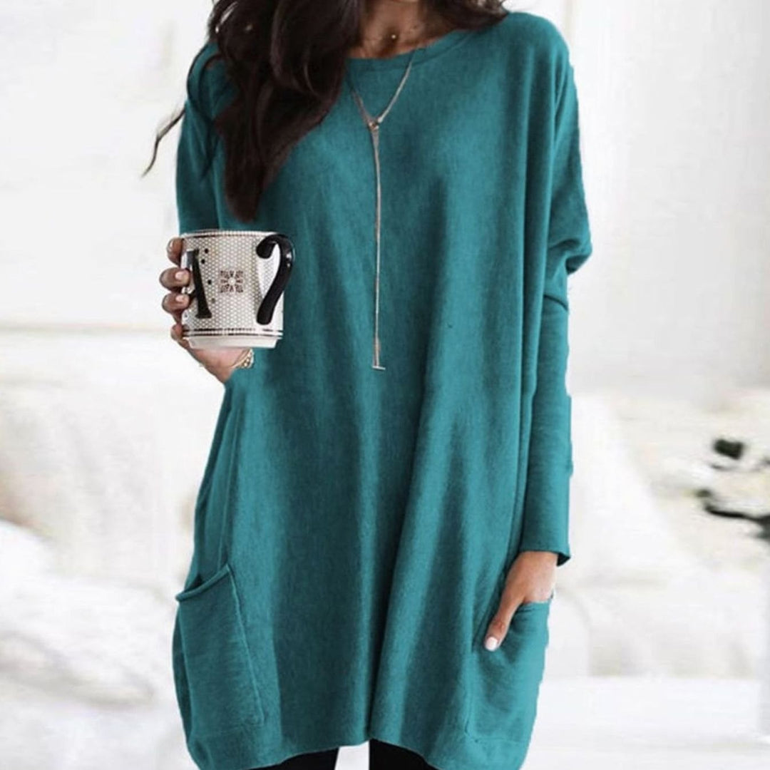 Langer Damenpullover Oversized Rundhals Tunika mit Taschen - Hellgrün