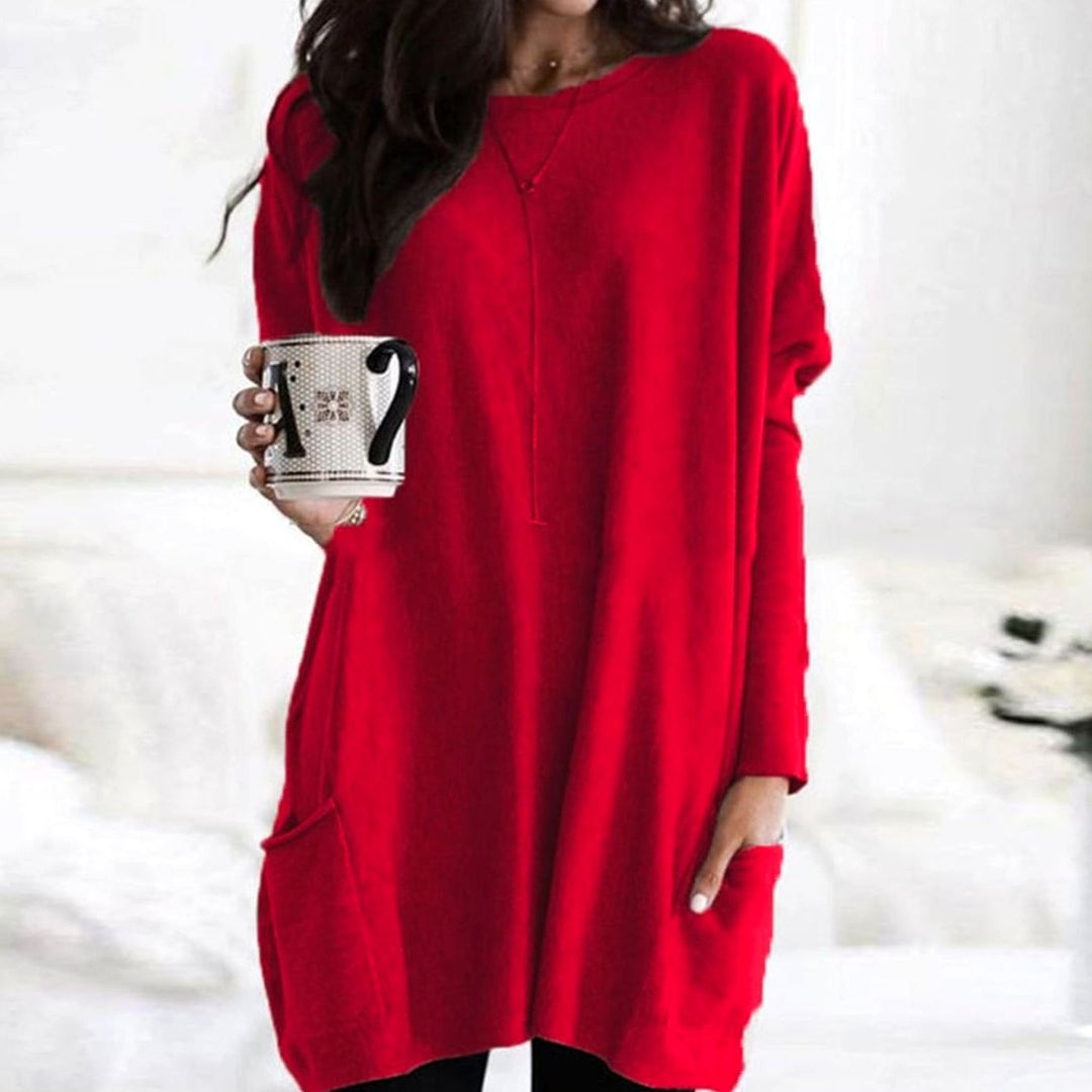 Langer Damenpullover Oversized Rundhals Tunika mit Taschen - Rot