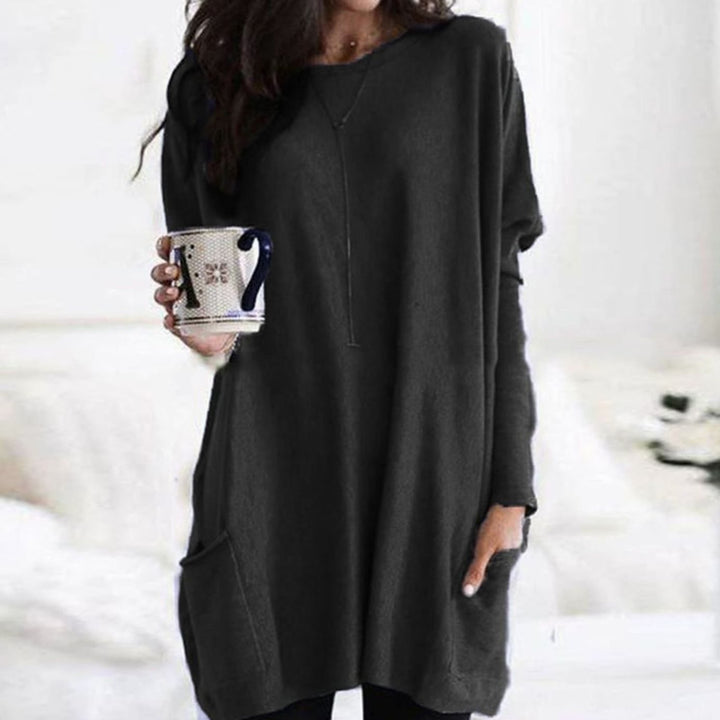 Langer Damenpullover Oversized Rundhals Tunika mit Taschen - Schwarz