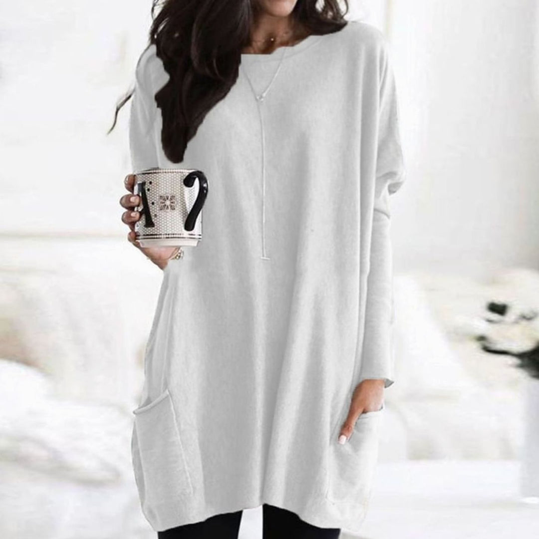 Langer Damenpullover Oversized Rundhals Tunika mit Taschen - Weiß