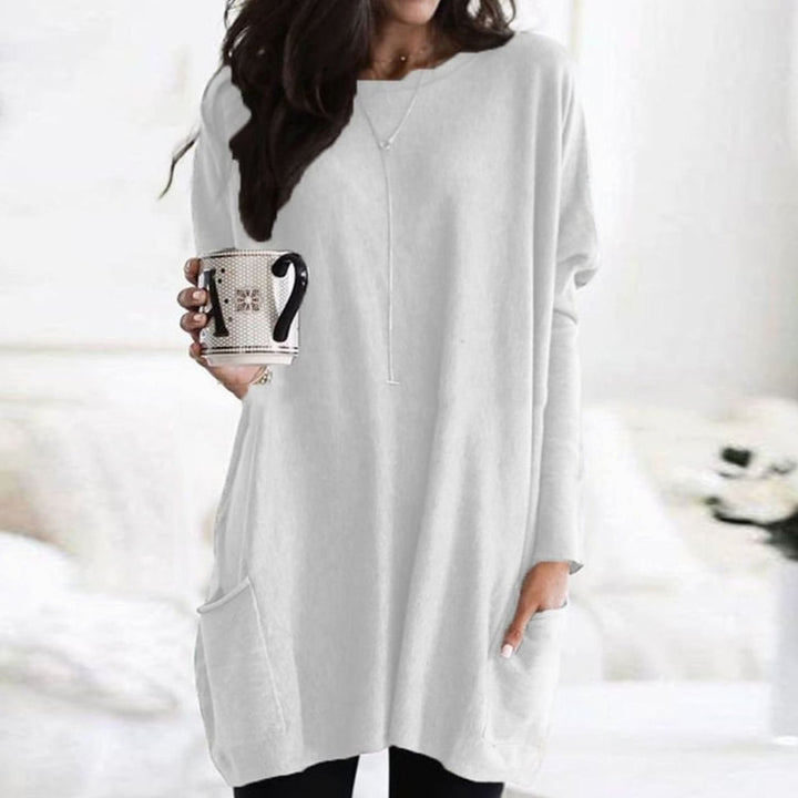 Langer Damenpullover Oversized Rundhals Tunika mit Taschen - Weiß