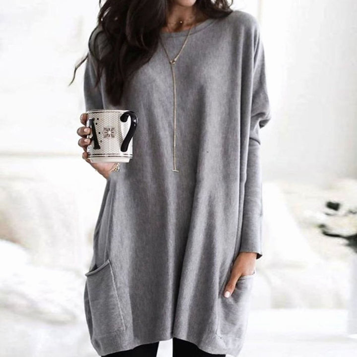 Langer Damenpullover Oversized Rundhals Tunika mit Taschen - Grau