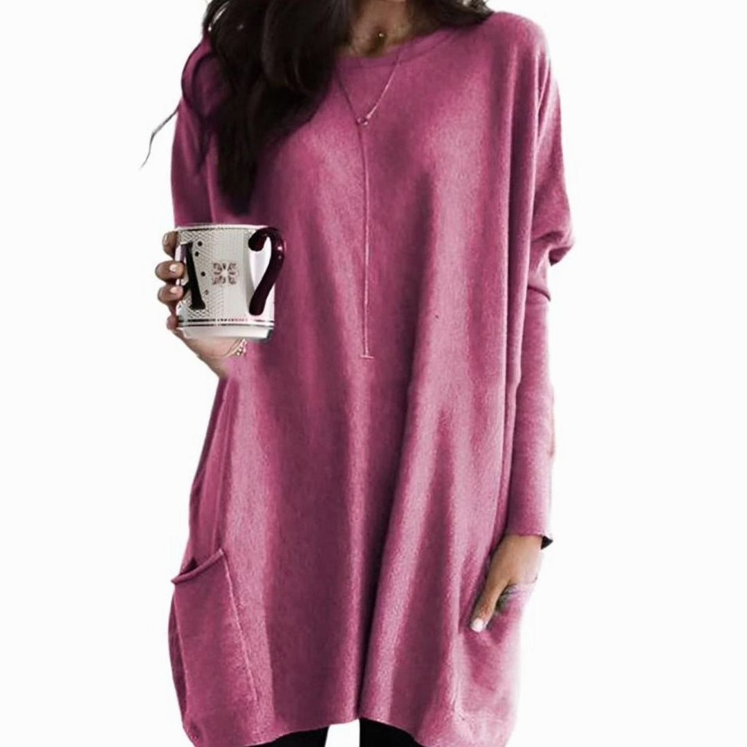 Langer Damenpullover Oversized Rundhals Tunika mit Taschen - Rosa