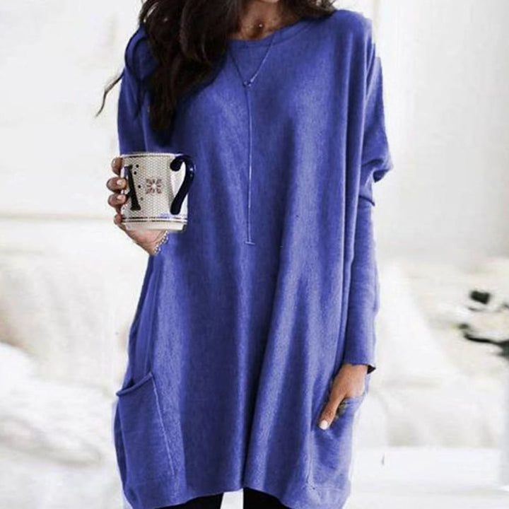 Langer Damenpullover Oversized Rundhals Tunika mit Taschen - Lila