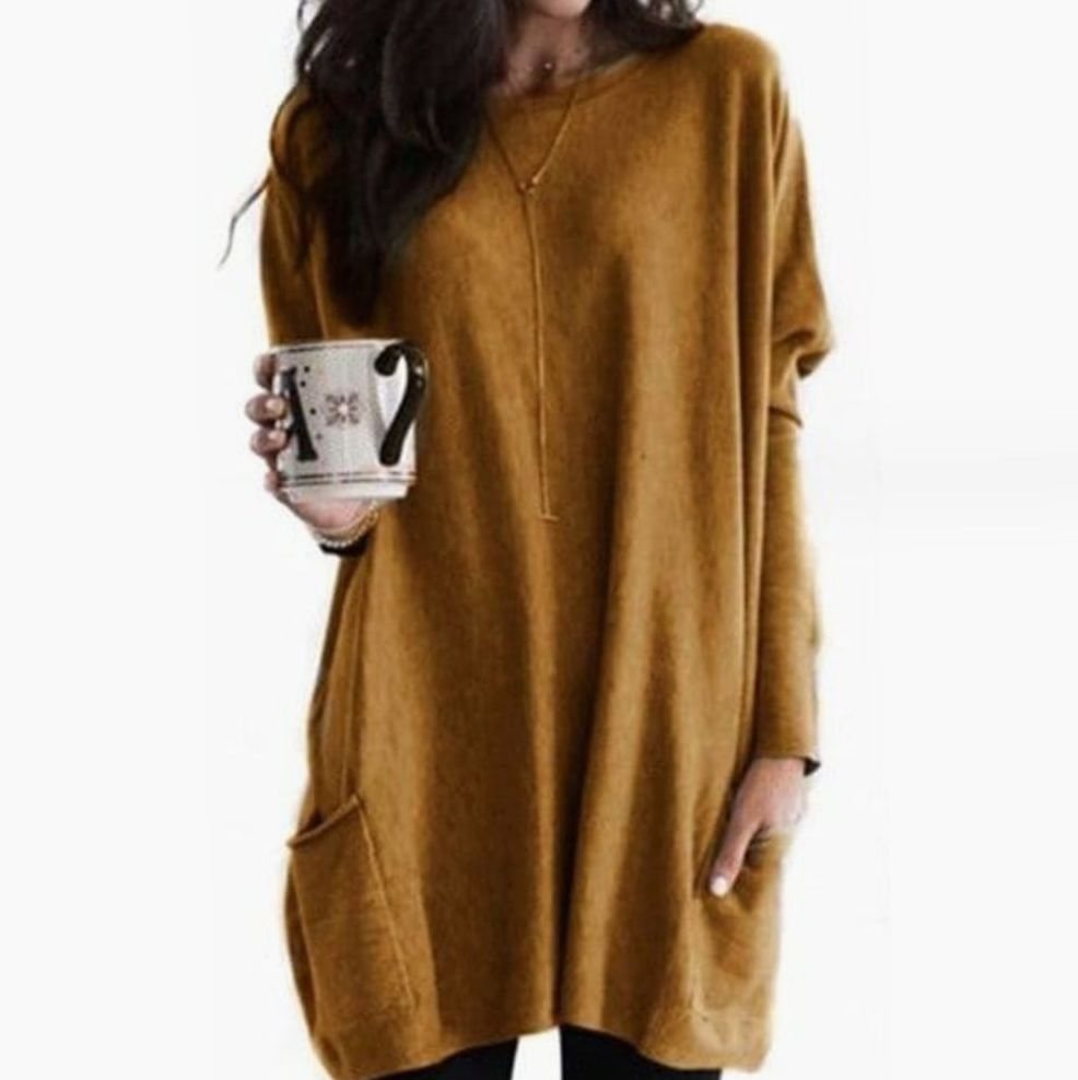 Langer Damenpullover Oversized Rundhals Tunika mit Taschen - Khaki