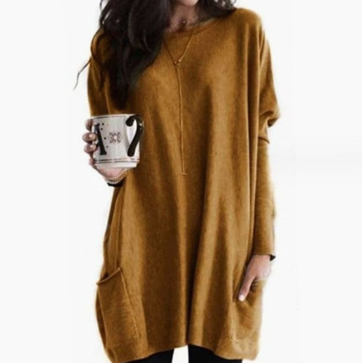 Langer Damenpullover Oversized Rundhals Tunika mit Taschen - Khaki