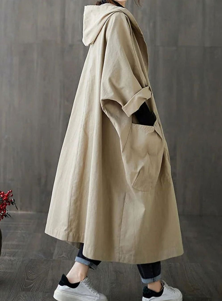 Langer Regenmantel mit Kapuze für Damen wasserdichter Oversize-Trenchcoat - Beige