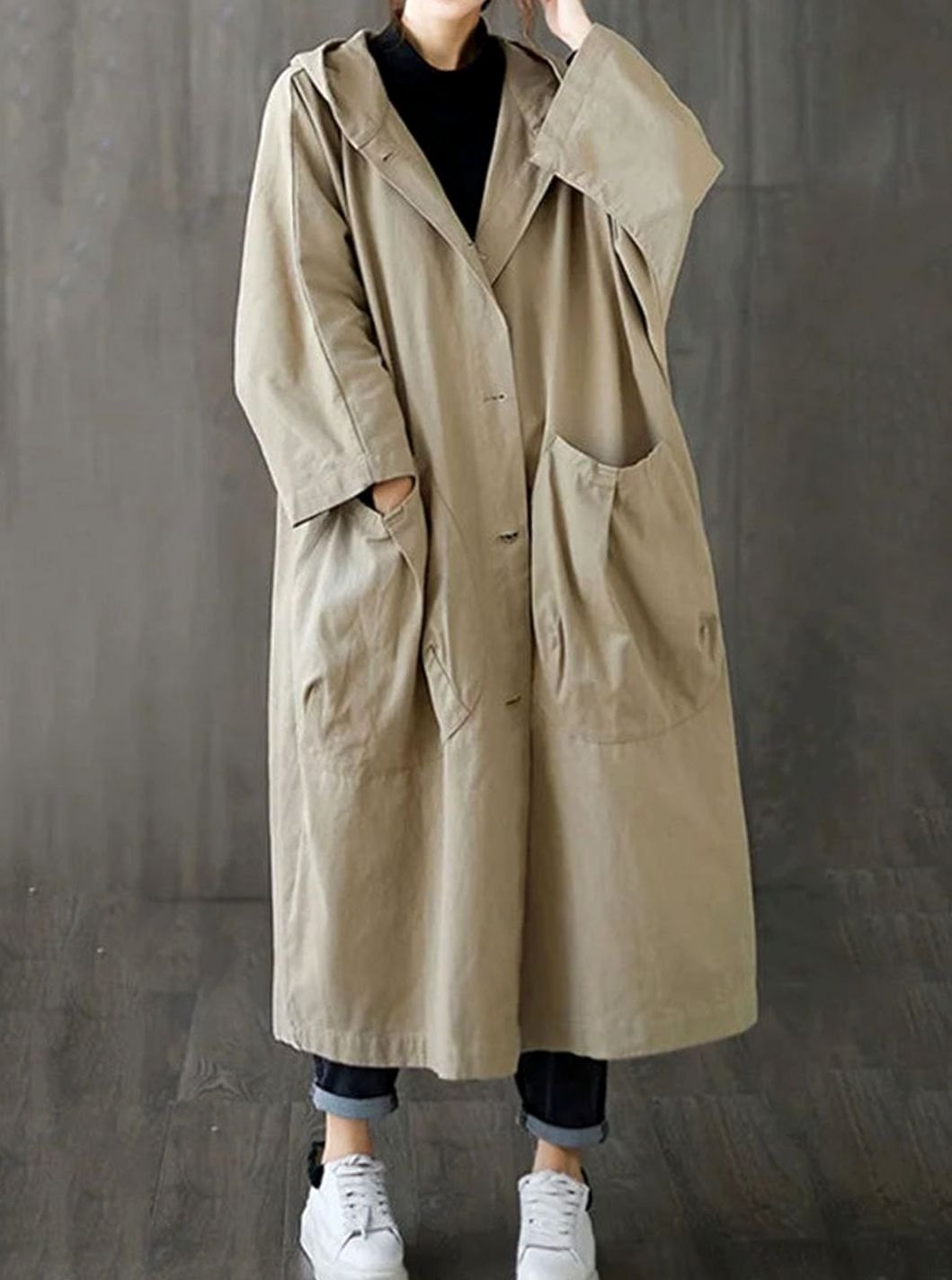 Langer Regenmantel mit Kapuze für Damen wasserdichter Oversize-Trenchcoat