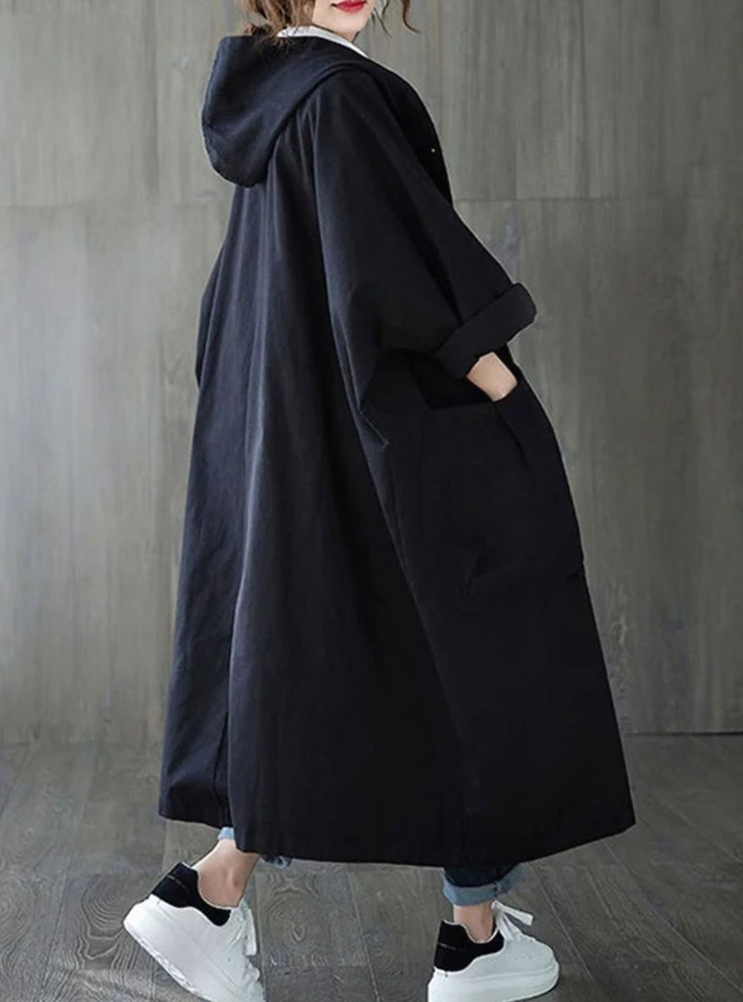 Langer Regenmantel mit Kapuze für Damen wasserdichter Oversize-Trenchcoat - Schwarz