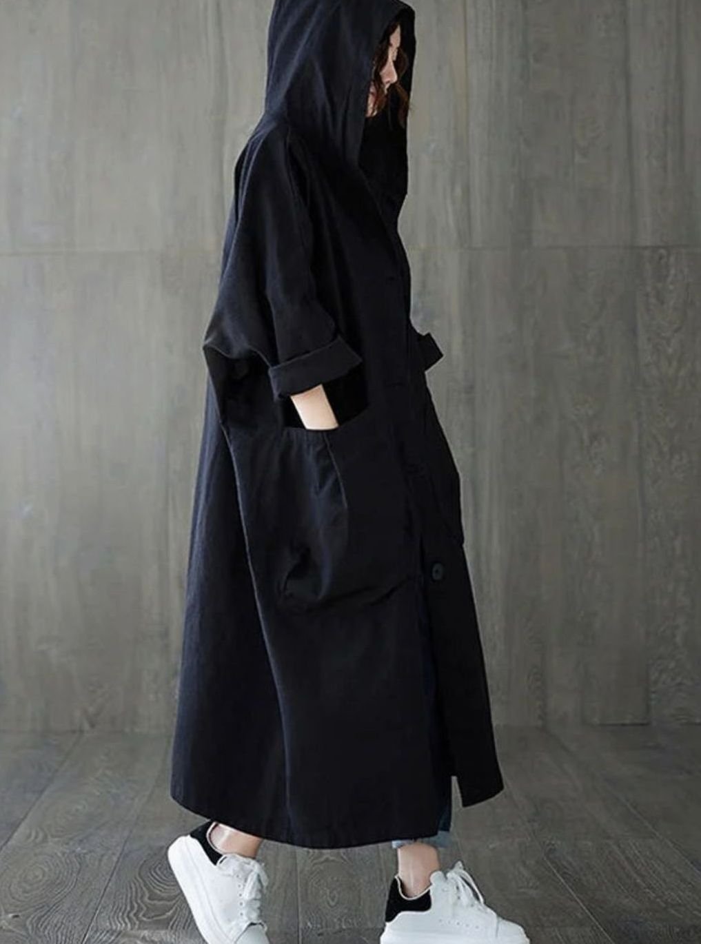Langer Regenmantel mit Kapuze für Damen wasserdichter Oversize-Trenchcoat