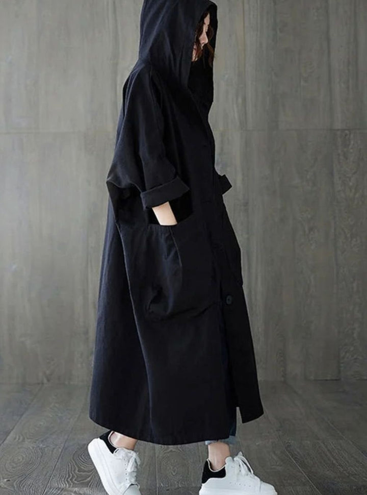 Langer Regenmantel mit Kapuze für Damen wasserdichter Oversize-Trenchcoat