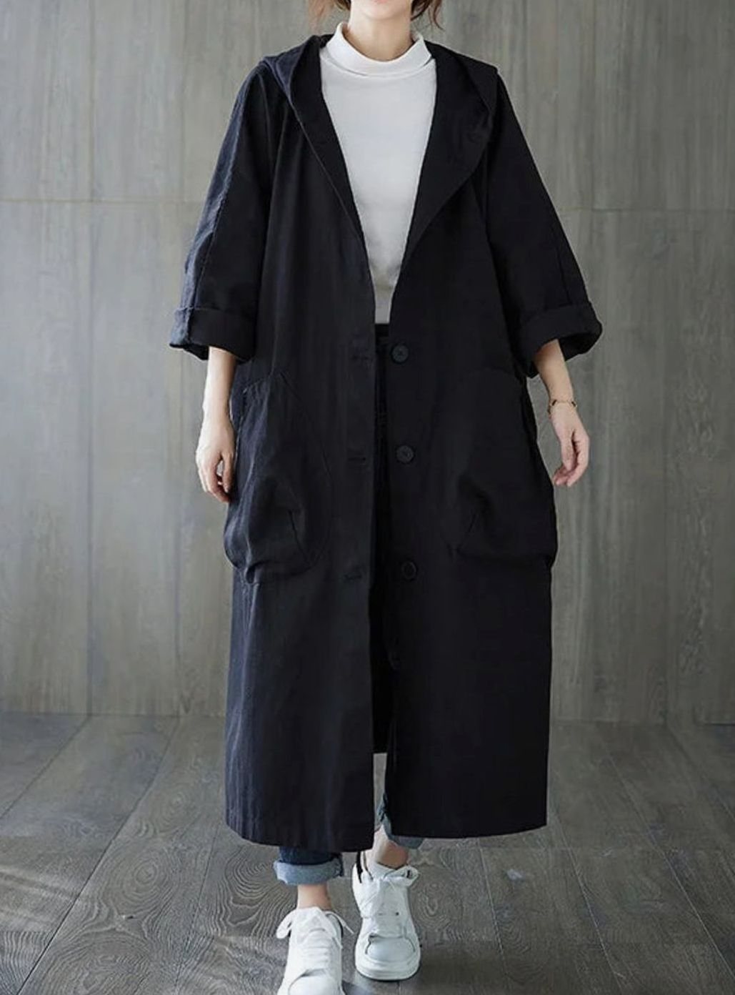 Langer Regenmantel mit Kapuze für Damen wasserdichter Oversize-Trenchcoat