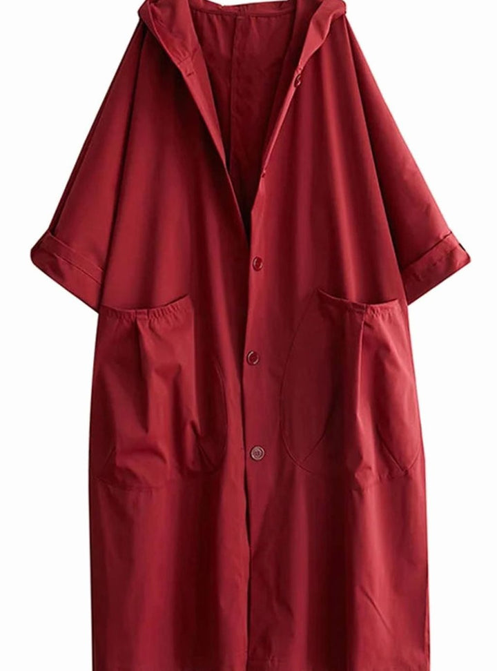 Langer Regenmantel mit Kapuze für Damen wasserdichter Oversize-Trenchcoat - Rot