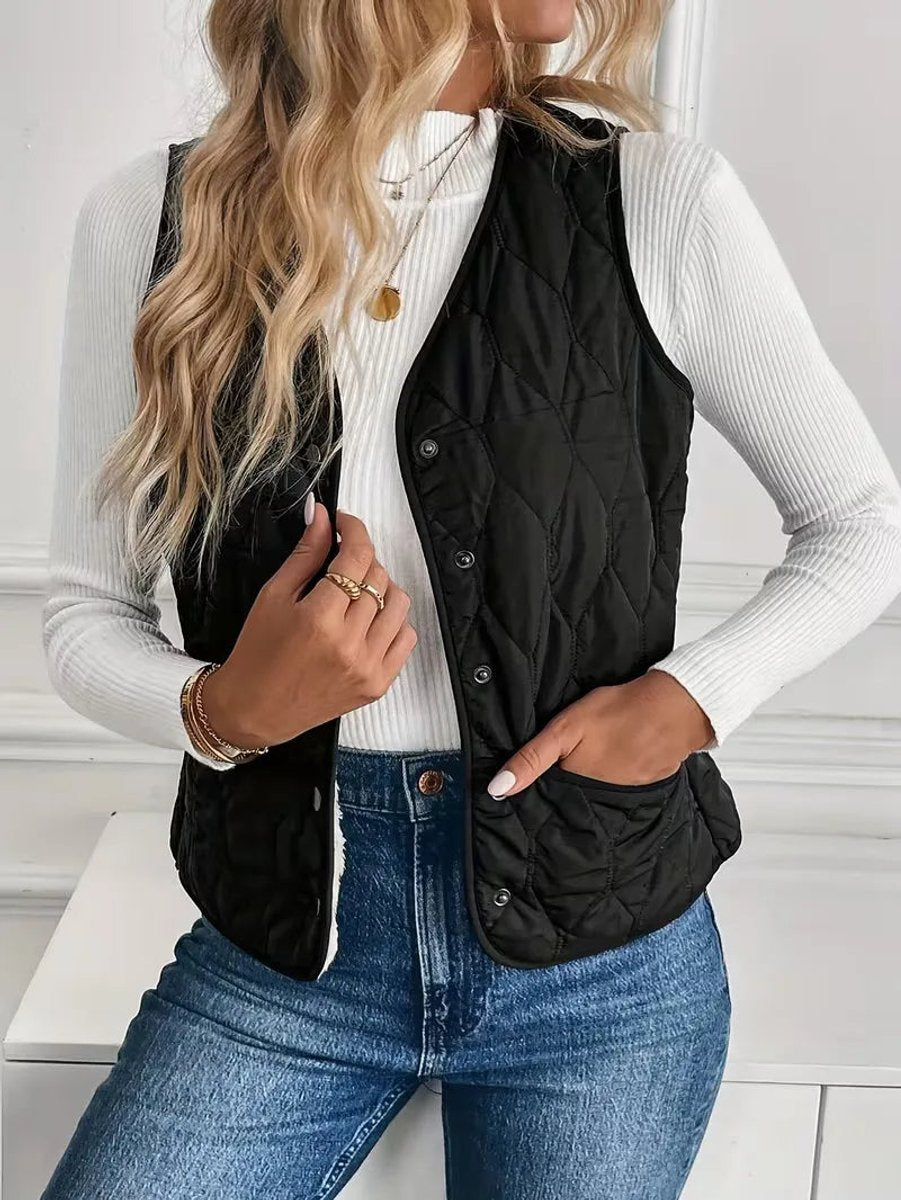 Mantel Dames Gewatteerde Mouwloze Bodywarmer Knoopsluiting - Zwart